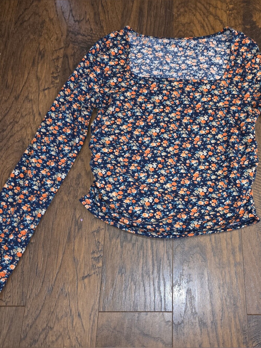 SHEIN Navy Blue Floral Long Sleeve Top with Orange and White Flowers